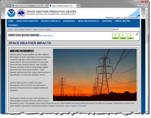 screenshot of SpaceWx Impacts page