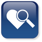 dark blue icon with heart and magnifying glass