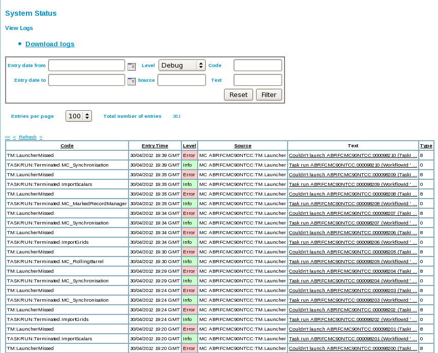 View Logs table