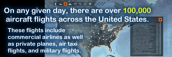 On any given day, there are over 100,000 aircraft flights across the United States. These flights include commercial airlines as well as private planes, air taxi flights, and military flights. 