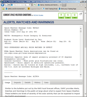 SWPC Alerts, Watches, and Warnings page