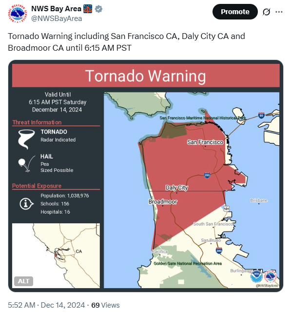 Social media post with Tornado Warning for San Francisco during this event.