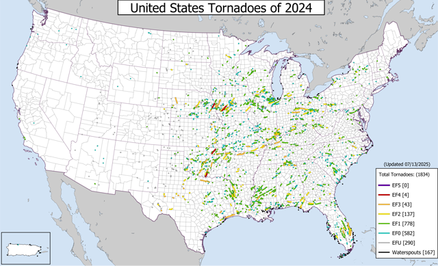 Image of total tornadoes in the CONUS and Puerto Rico and their EF-scale rating for all of 2024.