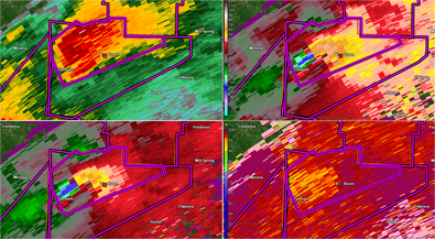A 4-panel radar image from the Memphis, TN WSR-88D showing a supercell located in southeastern Missouri.